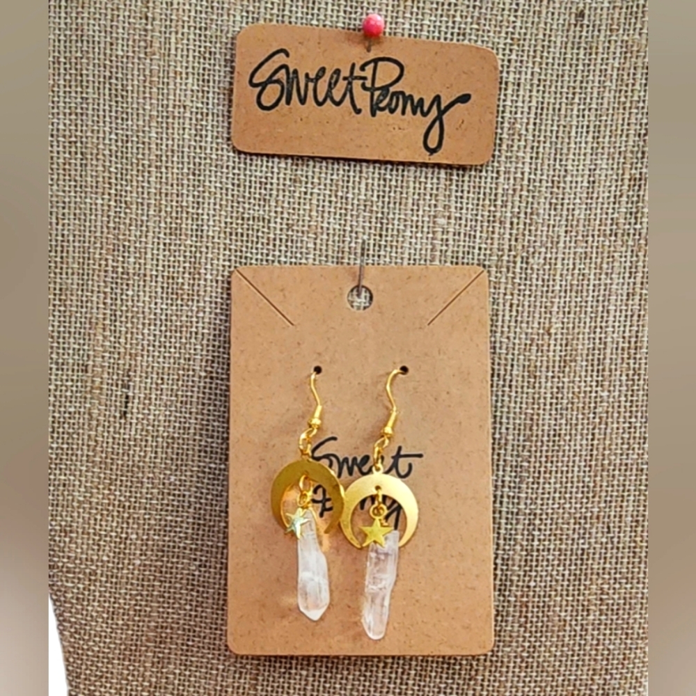Eye Catching Moon and Star and Clear Quartz Earrings Gold Earthy Semi Precious